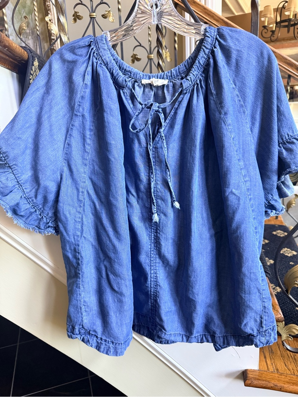 Easel Denim Peasant Top. Bell Sleeves. Tie neck. Size S EUC